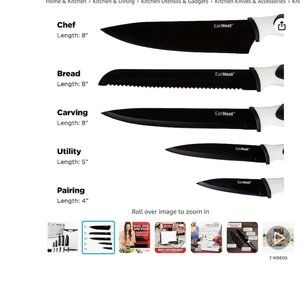 EatNeat Kitchen Knife Set: 5 Black Stainless Steel Knives and a Chopping Board